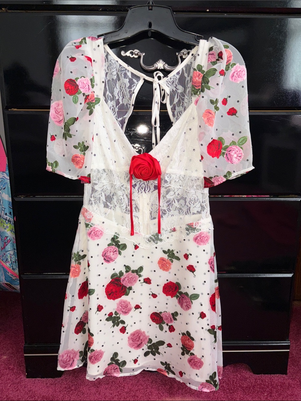 For Love And Lemons White Floral Lace Chemise with Red Rose Accent